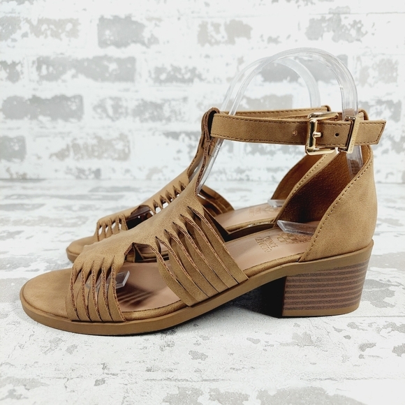 Vince Camuto Tan Faux Leather Block Heel Ankle Strap Sandals E538 - Picture 1 of 12